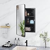 Fundin Plastic Black Medicine Cabinet, Beveled Edge Mirror Door with Round Corner Metal Frame, Recessed and Surface Mount Bathroom Medicine Cabinet, 16 x 24 inch Mirror Size