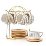LUKA Ceramic Coffee Espresso Cups with Saucers Set with Metal Holder, 4 oz Porcelain Demitasse Cups For Tea, Espresso, Latte, Coffee, Cafe Mocha, Set of 6, White