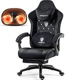Dowinx Fabric Gaming Chair with Heated Massage Lumbar Support, Computer Game Chairs for Adults, Big and Tall Gamer Chair with Pocket Spring Cushion and Footrest, Recliner Gaming Chairs for Adult,Black