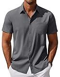 COOFANDY Button Down Shirt Men Beach Shirts Short Sleeve Linen Shirts Summer Clothes Gray