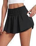 CRZ YOGA Athletic Shorts for Women High Waisted Flowy Ruffle Skirt Overlay for Workout Running Tennis with Zip Pocket Black Medium