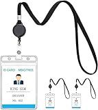 KINGSUM 3 Pack Lanyard with ID Holder Sets - Flat ID Lanyard with Retractable Badge Reel & Heavy Duty Clear Vertical ID Card Name Badge Holder (Black,3 Pack)