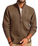 PJ PAUL JONES Mens Cardigans Casual Stand Collar Full-Zip Sweater Jacket Regular Knit Texutred Sweater Cardigan Coffee M