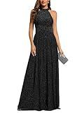 Ever-Pretty Women's Summer Halter Sleeveless Pletaed Floor Length Glitter Formal Evening Gowns Black US14