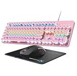 Typewriter Mechanical Gaming Keyboard and Mouse, Metal Panel Retro Keyboards with Round Keycap Blue Switch, Rainbow LED Backlit 104-Key Anti-Ghost Wired Mouse and Pad Combo for PC Laptop Mac Gamer