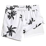 maamgic Mens Swim Trunks with Compression Liner 5" Stretch Beach Shorts Quick Dry with Zipper Pockets No-Chafing Board Shorts White-Palm Tree S