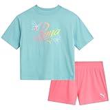 PUMA Girls' Active Shorts Set - 2 Piece Performance T-Shirt and Gym Shorts or Bike Shorts - Athletic Outfit for Girls (7-14), Size 12/14, Aqua