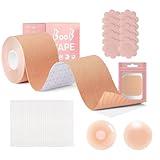 Boob Tape, Boobtape for Breast Lift, Bra Tape for Strapless Dress with Large Breasts A-E Cup with 1 Body Tape, 2 Pcs Silicone Breast Petals,10Pcs Satin Nipple Stickers, 36 Pcs Double Sided Tape Beige