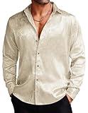 COOFANDY Mens Silk Shirts Long Sleeve Dress Shirts Prom Wedding Party Button Down Shirts,Beige Small