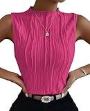 Poetsky Summer Tops for Women High Neck Textured Casual Top Fitness Muscle Tank Top Hot Pink XL