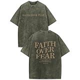 Weetiotio Christian Faith Over Fear Shirt for Men Jesus Religious Shirts Oversized Graphic Tees Acid Wash God T-Shirt(Army Green,2XL)