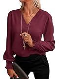 ANRABESS Women's Loose Fit Dressy Casual Blouses V Neck Puff Long Sleeve Shirts Business Office Work Tops 2025 Fall Clothes Burgundy Medium