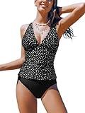 CUPSHE Women's Tankini Sets Scalloped V Neck Two Piece Bathing Suits Crossback Straps High Waisted Ruched, M Black/Dots