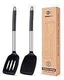 Pack of 2 Silicone Solid Turner, Non Stick Slotted Kitchen Spatulas, High Heat Resistant BPA Free Cooking Utensils, Ideal Cookware for Fish, Eggs, Pancakes(Black)