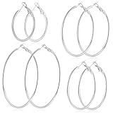 4 Pairs Stainless Steel Hoop Silver 30/40/50/60 mm Earrings for Women Hoops Hypoallergenic Thin Lightweight Dangle Set