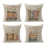 ETVISO Vintage Book Reading Pillow Cover 18x18 - Set of 4, Reading Corner Decor for Classroom, Retro Floral Book Fall Throw Pillow Case for Reading Nook, Bookish, Library Decor, Bookish Gifts