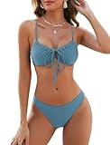 ZAFUL Swim Suits for Women 2025 High Cut Bikin Swimsuit String Two Piece Push Up Underwire Bathing Suit Teen Girl Cheeky Cut Out Lace Up Cute Swimwear Haze Blue M