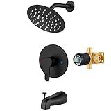 Airuida Shower Faucet Set with Tub Spout Bathtub Faucet Kit Shower Tub Faucet Set Complete Tub Shower Trim Kit with Solid Brass Rough-in Valve Rainfall Round 6 Inch Shower Head Matte Black