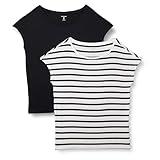Amazon Essentials Women's Jersey Regular-Fit Short-Sleeve Boat-Neck T-Shirt, Pack of 2, Black/White French Stripe, Small