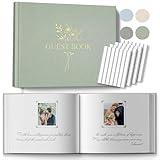 Wedding Guest Book for Memorial Service with 216 Photo Corners Stickers, Linen Guestbook to Sign at Bridal Shower or Wedding Reception Party,100 Pages, Blank Thick Paper Books for Baby Shower- Sage