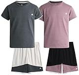 RBX Boys' Active Shorts Set - 4 Piece Lightweight Athletic T-Shirt and Gym Shorts - Clothing Set for Boys (Sizes: 4-12), Size 12, Charcoal Lunar/Grape