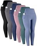 LZYVOO Leggings with Pockets for Women, 6 Packs Soft High Waisted Tummy Control Workout Yoga Pants(BlackGrayNavyPinkTealBlue-M)