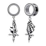 POBAISITER 2PCS Gauge Dangle Earrings Stainless Steel Ear Dangle Gauges Hand Bone Skeleton Halloween Daily Personalized Ear Dangle Tunnels and Plugs Screw Fit Expander Stretcher For Women Men Body Piercing Jewelry