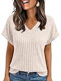 AUTOMET Women Tops Summer Sweaters Short Sleeve V Neck Shirts 2025 Spring Fashion Dressy Casual Business Tunic Blouses Apricot M