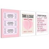 PAINURA Funny Pink Bathroom Wall Art Set of 3 Take a Seat Sweet Cheeks Poster Peach Bathroom Wall Decor Retro Guest Room Prints Girly Aesthetic Preppy Fruit Restroom Pictures 12x16 Inch Unframed