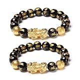 FengShui Wealth And Luck Bracelet, Feng Shui Black Obsidian Pixiu Wealth Bracelet Prosperity Buddha Beads Elastic Bracelets for Women Men Jewelry(2 Pcs)