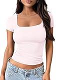 Trendy Queen Tshirts Shirts for Women Double Lined Going Out Crop Tops 2025 Spring Summer Workout Y2k Clothes Beach Fashion Pink S