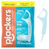 Plackers Twin Line Dental Floss Picks, Dual-Line Tuffloss, Easy Storage, Cool Mint Flavor, 75 Count