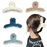 4 Pcs Hair Claw Clips, Fuzzy Hair Clip, 4.7Inch Aesthetic Claw Clips, Bow Claw Clips For Women Must Haves In Winter, Colorful Winter Hair Barrettes For Girls, Fashion, Cute, Faux Fur Hair Clip