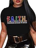 Faith Forwarding All Issues to Heaven Shirts Jesus Christian Rhinestone Bling Women Short Sleeve Graphic Tops Black S