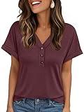 AUTOMET Short Sleeve V Neck T Shirts Womens 2025 Summer Spring Fashion Business Casual Dressy Cute Lightweight Loose Fit Work Tshirts Ladies Blouses Henley Tops Clothes Outfits Clothing Wine