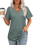 OFEEFAN Womens Tops Dressy Casual V Neck Short Sleeve Cute Plus Size T Shirts 2025 Spring Break Flowy Basic Tees Summer Beach Vacation Outfits for Women Fashion Y2K Clothes Green 2XL