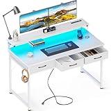 ODK 48 Inch Computer Desk with 3 Drawers and USB Power Outlets, Home Office Desks with LED Lights and Adjustable Monitor Stand, Work from Home, Modern Work/Writing/Study Table for Bedroom, White