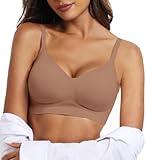 OEAK Womens Push Up Everyday Bras Comfortable Wireless Bralettes V Neck Seamless Bra Smooth Brassiere Wire Free Basic Bras Coffee S
