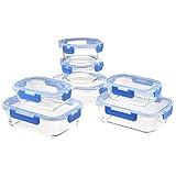 Amazon Basics Glass Food Storage Containers with Locking Lids, Set of 7, 14 pieces including lids, BPA-Free, clear with blue silicone ring