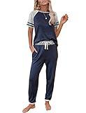 AUTOMET 2 Piece Lounge Sets For Women Summer Pajamas Two Piece Set Travel Outfits Lingerie Sleep Loungewear Matching Clothing Navy Blue M