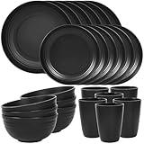 Quatish 24 Piece Plates and Bowls Sets of 6, Unbreakable Wheat Straw Dinnerware Sets, Plastic Dish Set for Camping, Dishwasher Microwave Safe, Outdoor Kitchen and Apartment Dinning Essentials, Black
