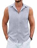 COOFANDY Sleeveless Collared Shirts for Men Tank Tops Beach Cotton Linen Button Up Shirt Light Grey Small