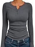 Trendy Queen Womens Long Sleeve Shirts 2025 Henley Casual Fall Outfits Fitted Cotton Tops Ribbed Fashion Cute Basic Tees Dark Grey M