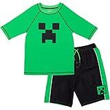 Minecraft Creeper Little Boys Rash Guard and Swim Trunks Outfit Set green/black 7
