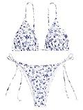 ZAFUL Women's Sexy Triangle Bikini Set Cami String Swimwear Texture High Cut Thong Swimsuit Cheeky Two Piece Bathing Suit Blue Flower