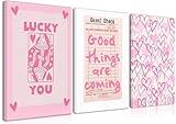Djmwtb Trendy Preppy Canvas Wall Art Framed 3 Pcs Pink Lucky You Poster Prints Queen of Hearts Poker Aesthetic Pictures Retro Guest Check Decor Painting for Living Room Bedroom Bathroom 16"x24"x3