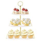 Hoedia 3 Tier Cupcake Stand Tower, Plastic White Cup Cake Holder for Dessert stands, Tiered Serving Tray for Tea Party, Birthday Party, Wedding Decor and Baby Shower(Square)