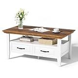 Amada Coffee Table for Living Room, 39.4" Small Coffee Table with Storage, Open Display Shelf and Hidden Drawers, Farmhouse Wood Center Table Ideal for Home Office, White and Oak