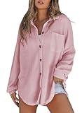 SHEWIN Womens Waffle Knit Shirts Casual Batwing Long Sleeve Shacket Lightweigt V Neck Button Up Tops with Pocket Spring Clothes for Women 2025, US 8-10(M), Pink