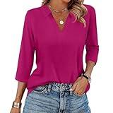 Womens Summer Tops Casual 3/4 Length Sleeve Clothes Dressy Work Business Women's Clothing 2025 V Neck T Shirts Collared Polo Lightweight Beach Vacation Going Out Elegant Travel Blouses Purple L